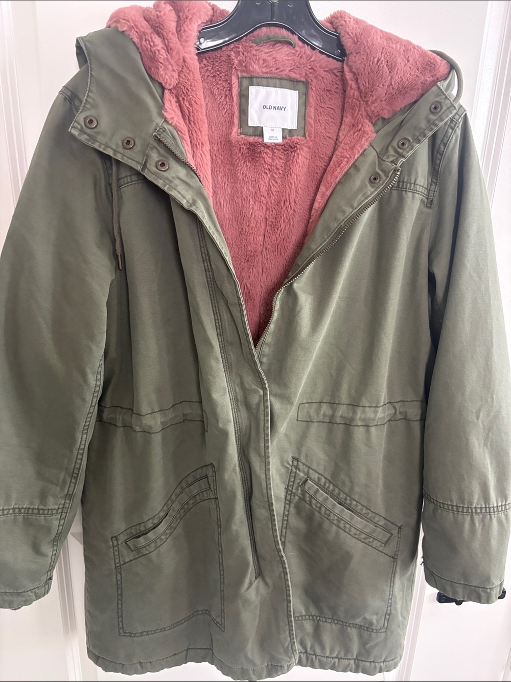 Old Navy Olive Green Utility Jacket with Pink Faux Fur Hood, used good conditio.